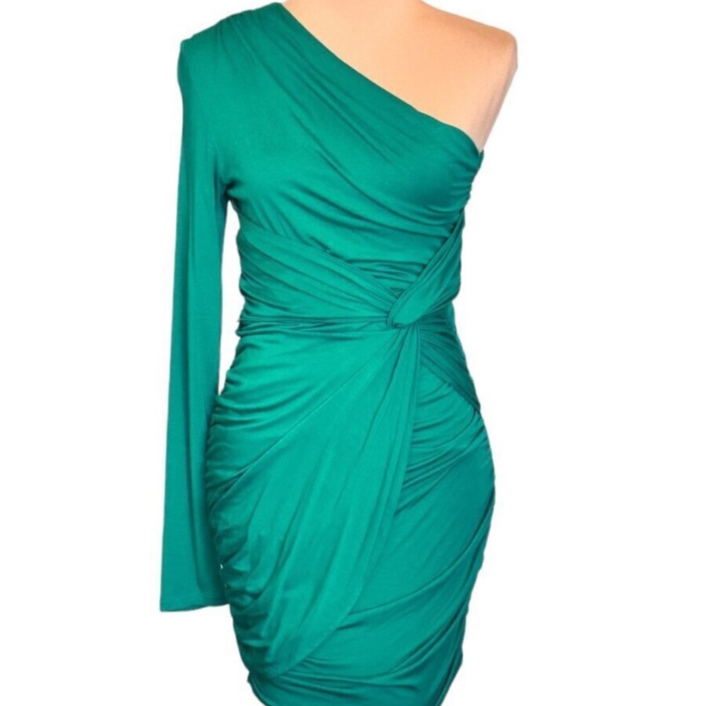 Tart one shoulder long sleeve mini dress M - emerald green